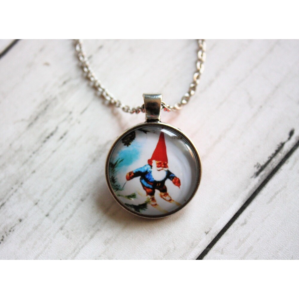 Skiing Gnome Pendant Necklace, Gnome Jewelry, Winter Gnome Glass Pendant